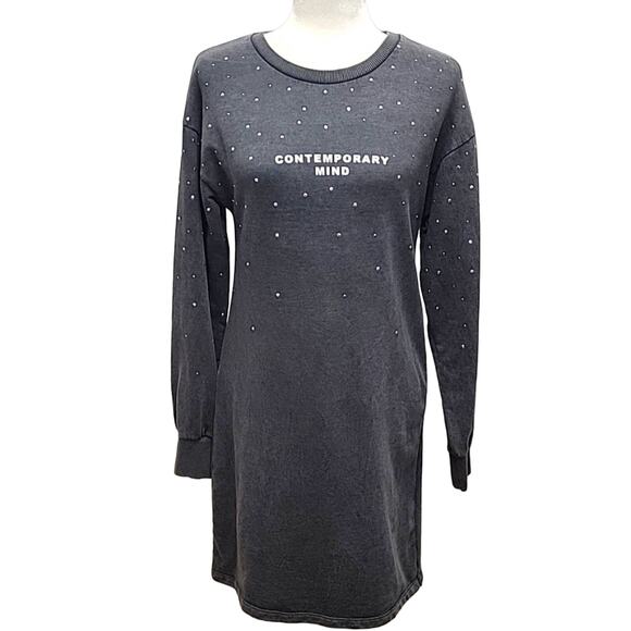 Zara Gray Studded Slogan "Contemporary Mind" Sweatshirt Dress Tunic Women's S - Picture 2 of 10